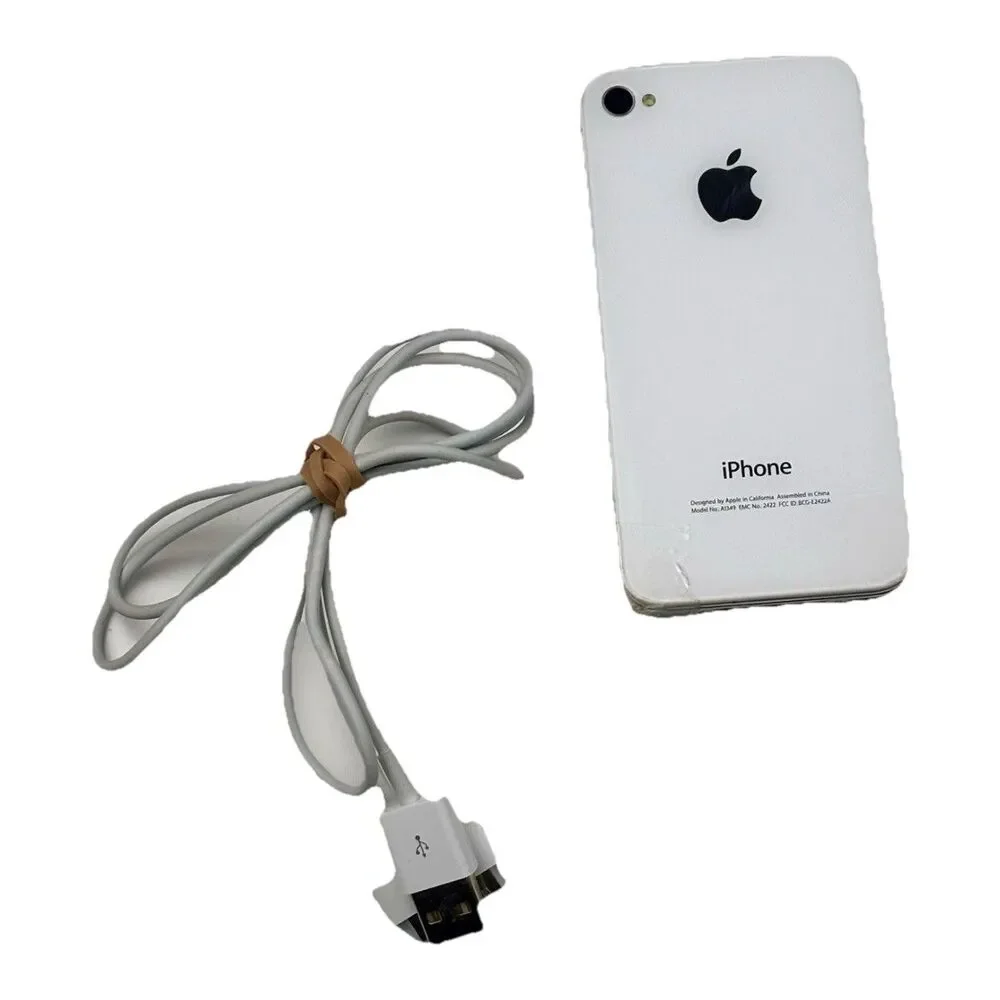Apple iPhone 4 White Model A1349 Cable Papers WORKS Cracked Screen 2010